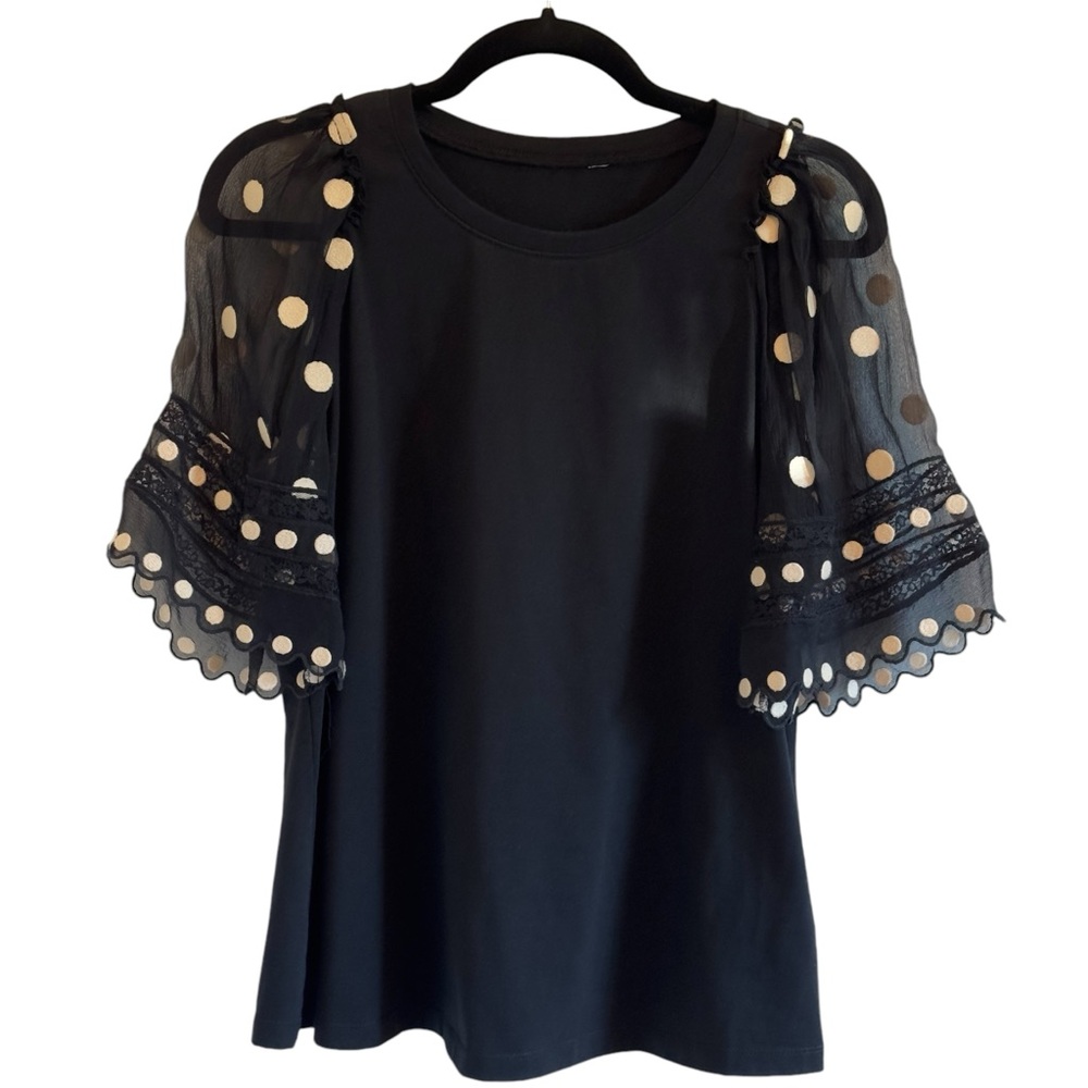 Rebecca Taylor Black and White Dot-Embroidered Ruffle Short Sleeve Tee Size S